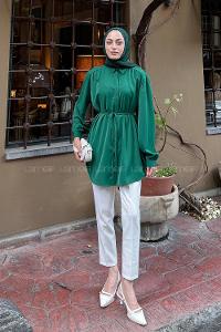 Emerald Green Shirt Collar Polyester Tunic