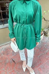 Emerald Green Shirt Collar Polyester Tunic