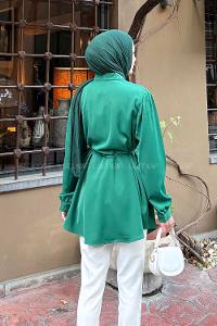 Emerald Green Shirt Collar Polyester Tunic
