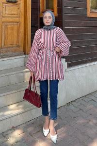 Lamelif Çizgi Detaylı Bağlamalı Tunik Bordo