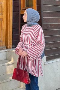 Lamelif Çizgi Detaylı Bağlamalı Tunik Bordo
