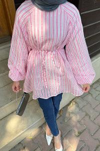 Lamelif Çizgi Detaylı Bağlamalı Tunik Pembe