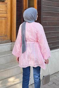 Lamelif Çizgi Detaylı Bağlamalı Tunik Pembe