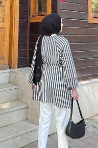 Lamelif Çizgi Detaylı Bağlamalı Tunik Siyah