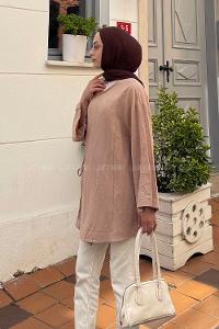 Lamelif Bağcık Detaylı Tesettür Kimono Sütlü Kahve
