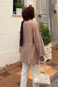 Lamelif Bağcık Detaylı Tesettür Kimono Sütlü Kahve