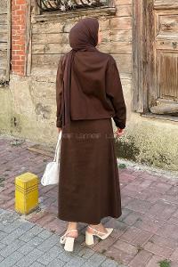 Lamelif Cep Detaylı İkili Etek Tesettür Takım Acı Kahve