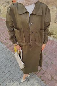 Lamelif Cep Detaylı İkili Etek Tesettür Takım Asker Yeşili