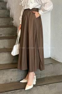 Lamelif Cep Detaylı Kloş Etek Kahve