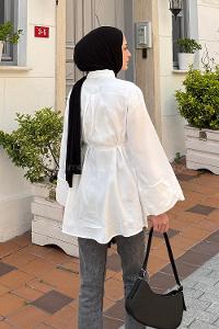 Lamelif Cupra Belden İpli Tesettür Gömlek Beyaz