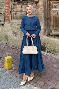 Lamelif Fırfırlı Elbise Koyu Mavi