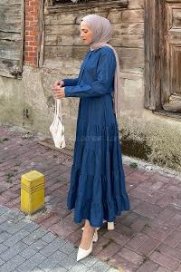 Lamelif Fırfırlı Elbise Koyu Mavi