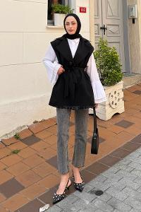 Black Normal Neck Sleeveless Arm Polyester Jacket