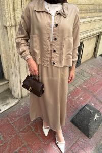Sand Beige Shirt Collar Long Arm Gabardin Flare Suit