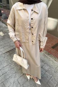 Lamelif Cep Detaylı İkili Etek Tesettür Takım Taş Rengi