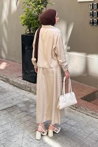 Lamelif Cep Detaylı İkili Etek Tesettür Takım Taş Rengi