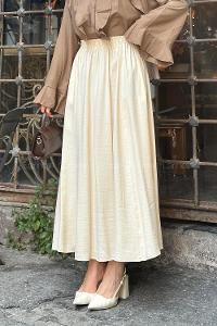 Lamelif Cep Detaylı Keten Etek Krem