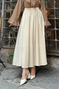 Lamelif Cep Detaylı Keten Etek Krem