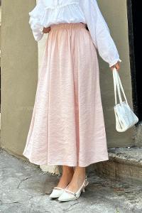 Lamelif Cep Detaylı Keten Etek Pudra