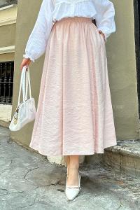 Lamelif Cep Detaylı Keten Etek Pudra