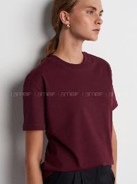 Lamelif Dilvin 30312 Dekoratif Dikişli Bisiklet Yaka Tshirt Bordo