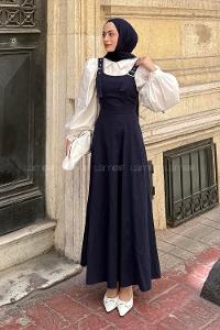 Navy Blue Scoop Neck Gabardin Unprinted Dresess