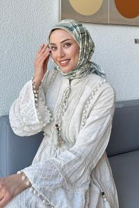 Lamelif Retro Desen Soft Eşarp Bej Çağla Yeşili