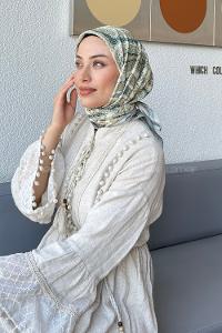 Lamelif Retro Desen Soft Eşarp Bej Çağla Yeşili