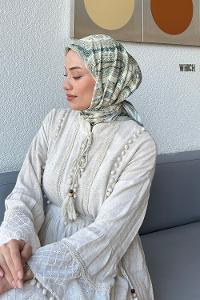 Lamelif Retro Desen Soft Eşarp Bej Çağla Yeşili
