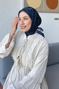 Lamelif Retro Desen Soft Eşarp Lacivert