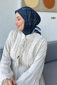 Lamelif Retro Desen Soft Eşarp Lacivert