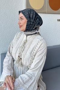 Lamelif Retro Desen Soft Eşarp Siyah Vizon