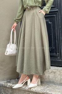 Lamelif Yan Cepli Kloş Model Parçalı Tesettür Etek Haki