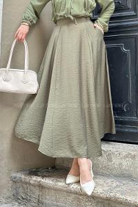 Lamelif Yan Cepli Kloş Model Parçalı Tesettür Etek Haki