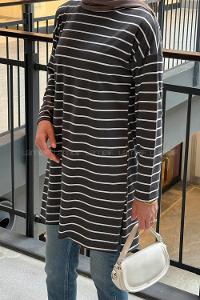 Lamelif Çizgili Uzun Kol Tunik Füme