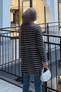 Lamelif Çizgili Uzun Kol Tunik Füme