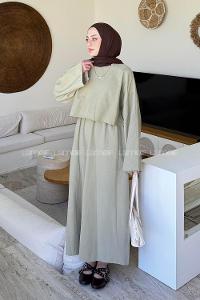 Lamelif Etekli Tesettür Takım Çağla Yeşili