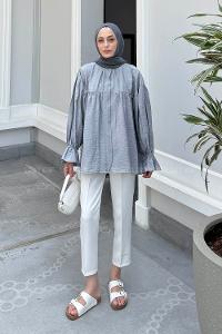 Lamelif Roba Detaylı Tesettür Gömlek Gri