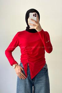 Lamelif Bisiklet Yaka Yırtmaç Detaylı Sandy Body Nar Çiçeği