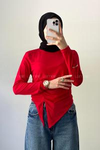 Lamelif Bisiklet Yaka Yırtmaç Detaylı Sandy Body Nar Çiçeği