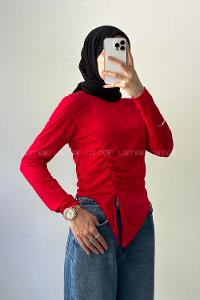 Lamelif Bisiklet Yaka Yırtmaç Detaylı Sandy Body Nar Çiçeği