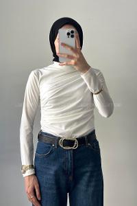 Lamelif Dik Yaka Drapeli  Bluz Beyaz