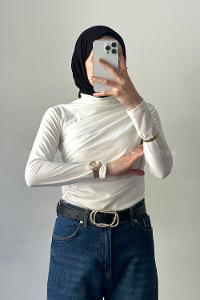 Lamelif Dik Yaka Drapeli  Bluz Beyaz