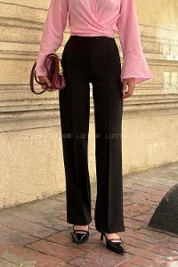 Lamelif Çıma Detaylı Krep Pantolon Siyah