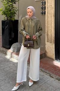 Lamelif Kolları Fırfırlı Tesettür Gömlek Haki