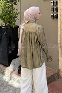 Lamelif Kolları Fırfırlı Tesettür Gömlek Haki