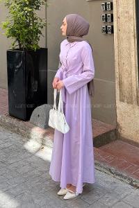 Lamelif Ön Bağlama Detaylı Tesettür Elbise Eflatun