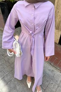 Lamelif Ön Bağlama Detaylı Tesettür Elbise Eflatun