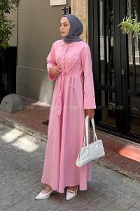 Lamelif Ön Bağlama Detaylı Tesettür Elbise Pembe