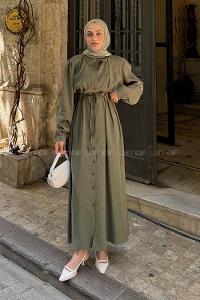 Khaki Shirt Collar Cotton Lycra Dresess